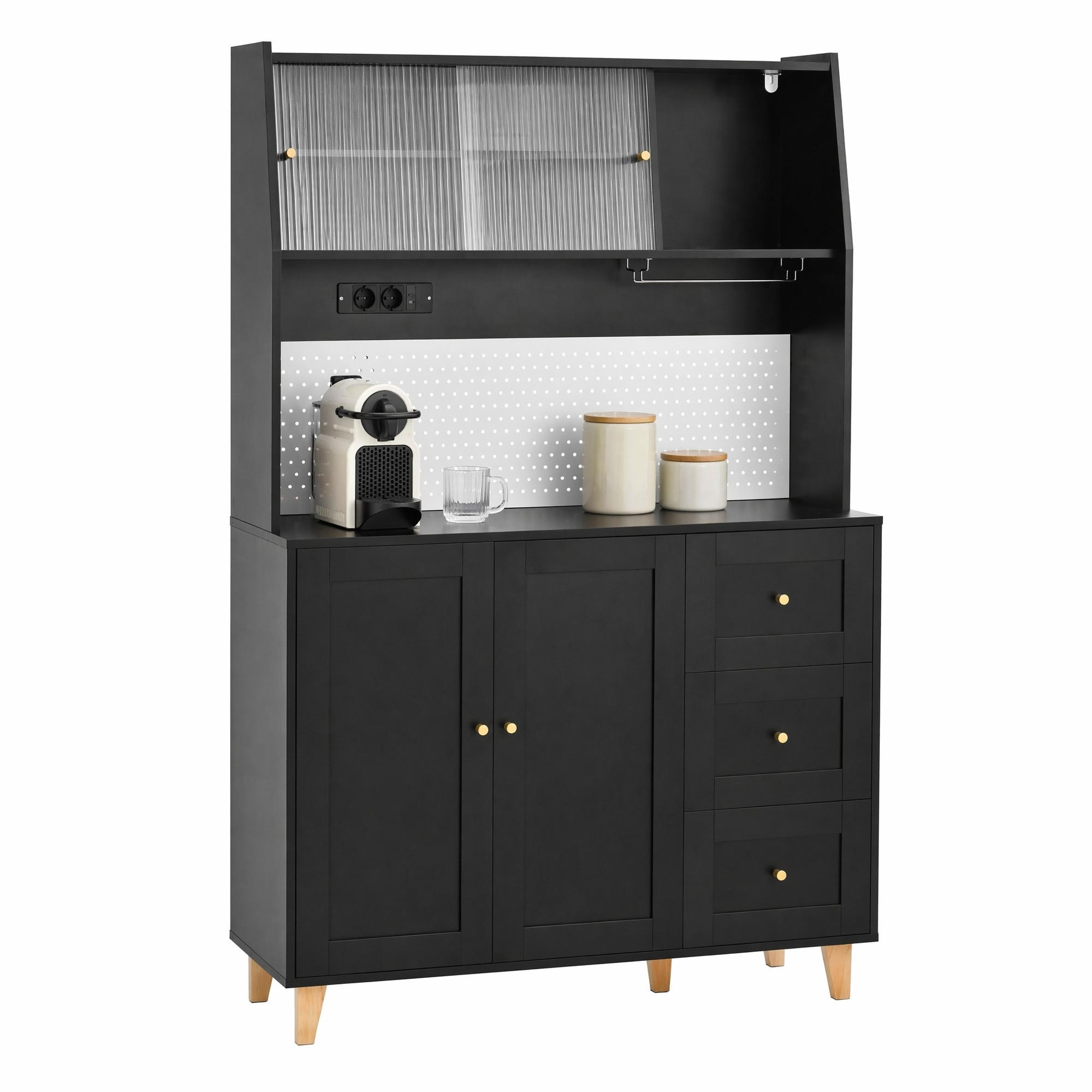 HIGHBOARD in Schwarz Barschrank mit Weinglashaltern und Schubladen für Esszimmer und Küche, B120/T40/H184 cm - Schwarz/Naturfarben, Glas/Holz (120/184/40cm) - STILVORA