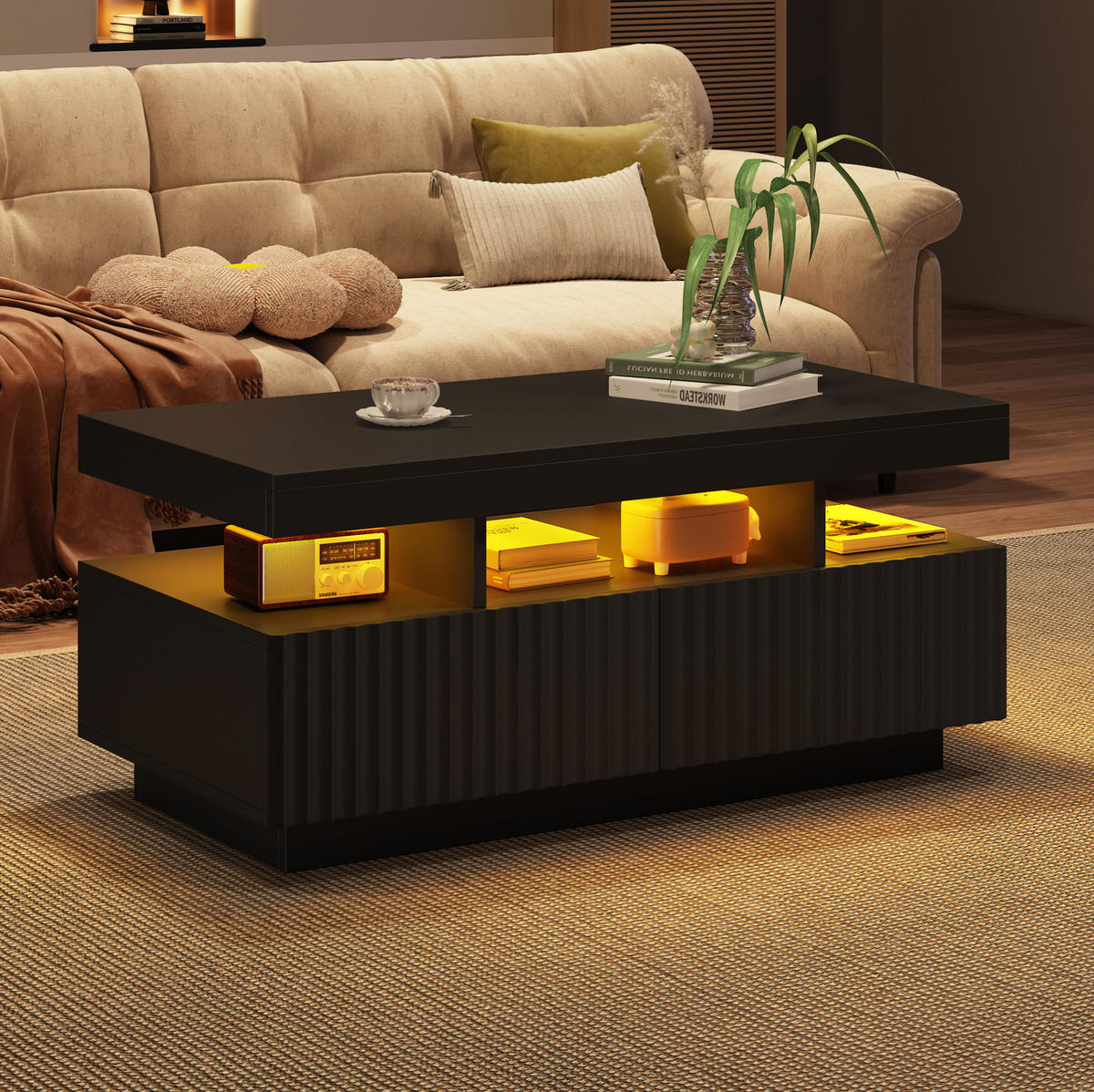 COUCHTISCH aus Spanplatte 100x50x45 cm Schwarz mit 2 Schubladen, offener Ablage und LED-Beleuchtung - Schwarz, Holzwerkstoff (100/50/45cm) - Modfu