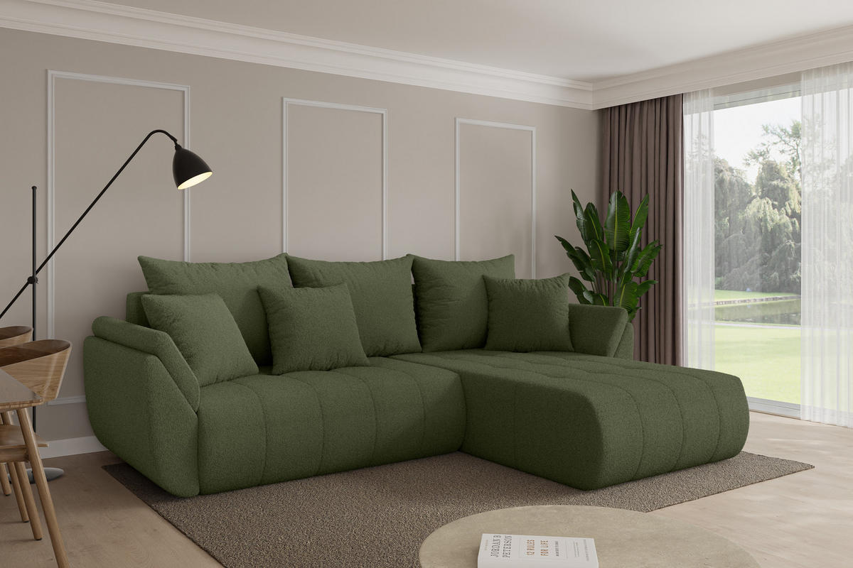 ROHOVÁ SEDAČKA s funkcí spaní, otoman vpravo TOKO-L 277x194x86 zelená bouclé - černá/zelená barva, kompozitní dřevo/textil (277/194cm) - ALTDECOR