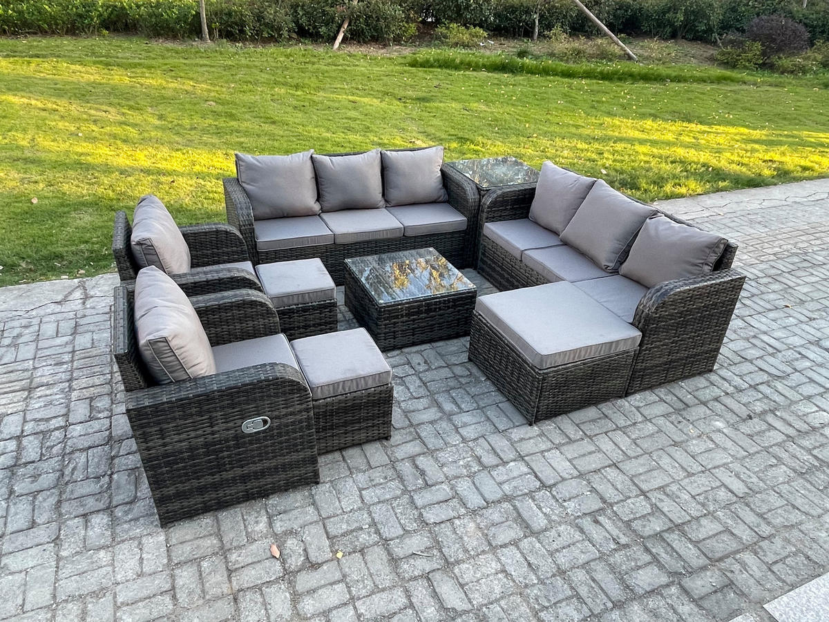 GARTENTISCHGRUPPE Polyrattan Dunkelgrau 9-teilige - Dunkelgrau/Grau, Glas/Kunststoff - Fimous
