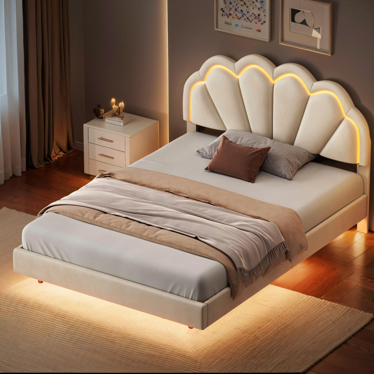 POLSTERBETT 140x200cm mit LED Wolkenform-Kopfteil und Lattenrost, Beige - Beige, Holz (140/200cm)