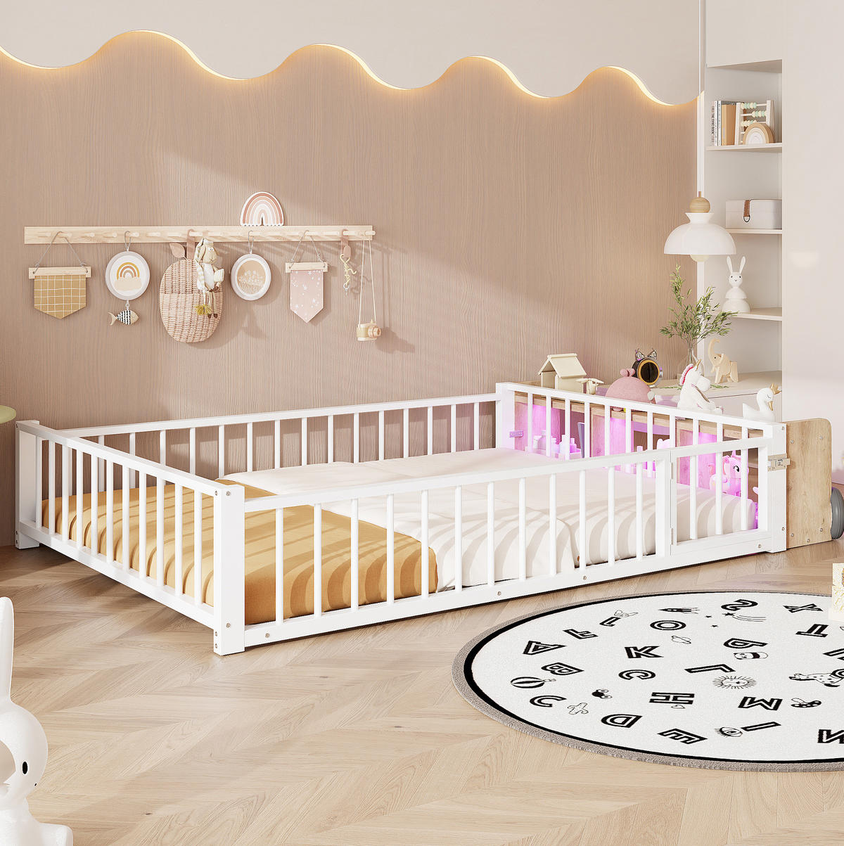 KINDERBETT aus Metall und MDF 140x200 cm Weiß mit Schutzgeländer, offenem Staufach und LED-Beleuchtung - Weiß, Holzwerkstoff (140/200cm) - Modfu