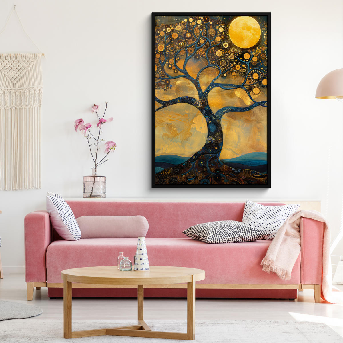 GERAHMTES BILD Baum - Mond - Blumen - Gold - Kunst 80x120 cm - Orange, Papier (80/120cm) - MuchoWow
