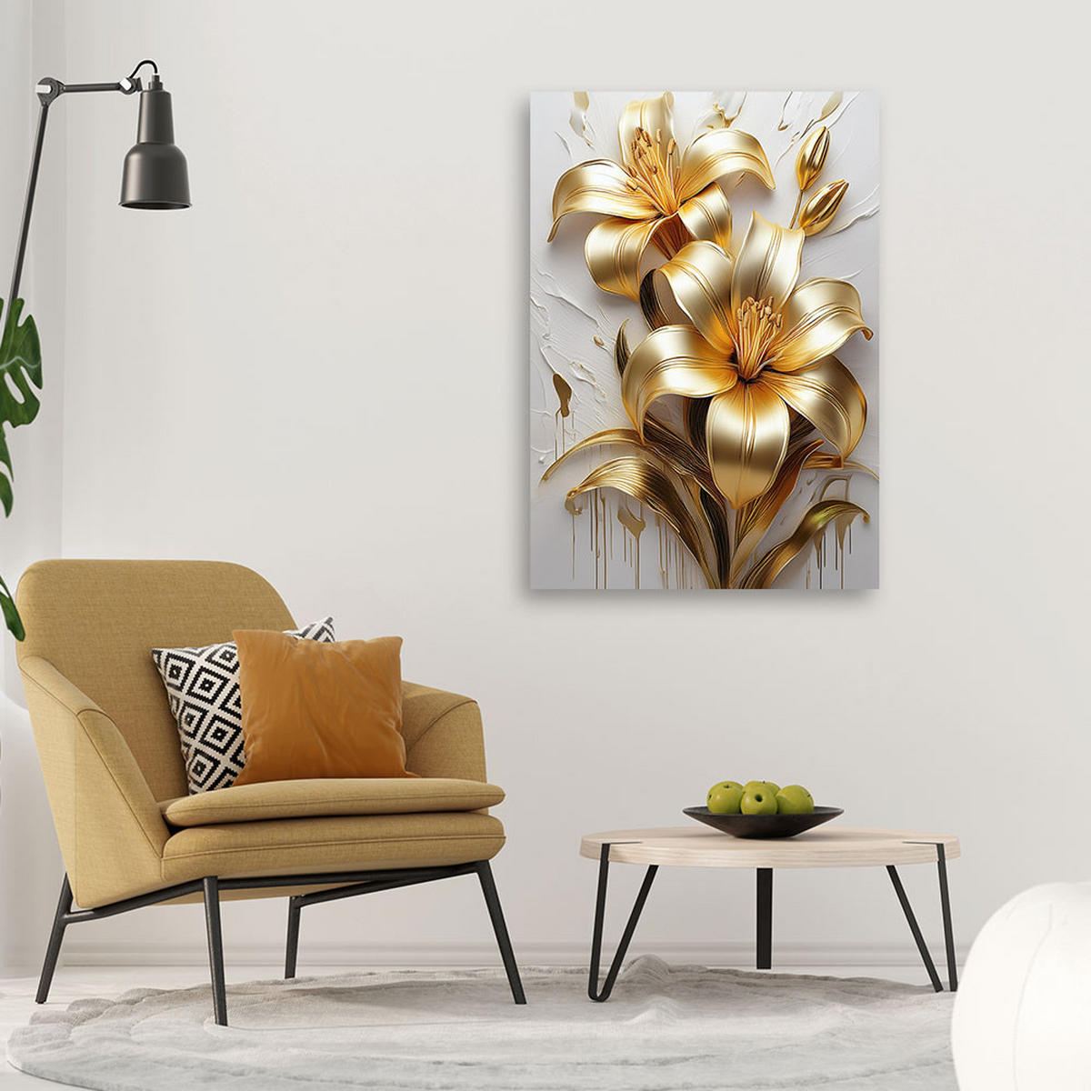 WANDBILD gold glamour bemalte blumen - Goldfarben, Textil (40/60cm) - Feeby