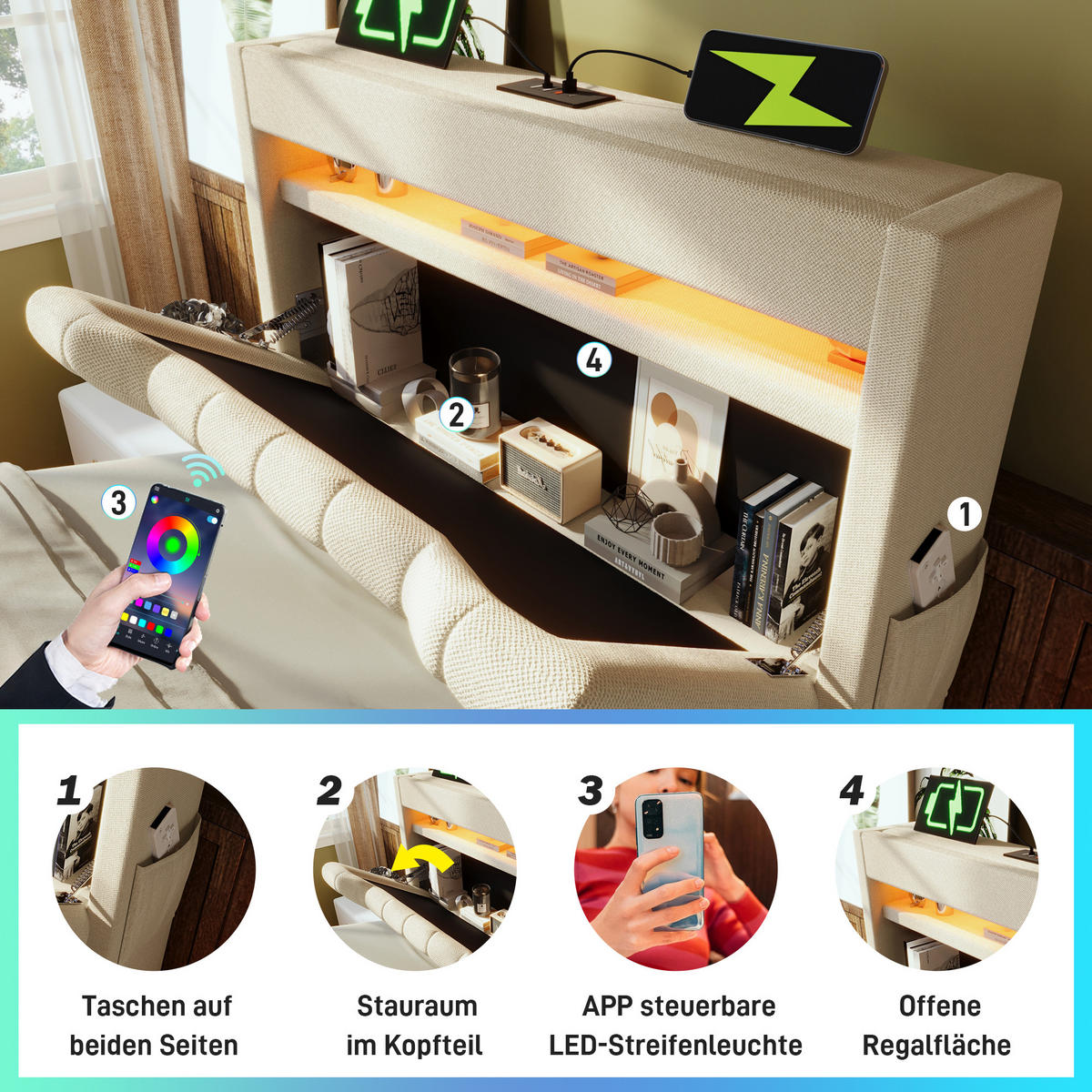 POLSTER EINZELBETT 90x200cm mit USB-C LED Beleuchtung & Hydraulik Beige - Beige, Holz (90/200cm) - FLIEKS