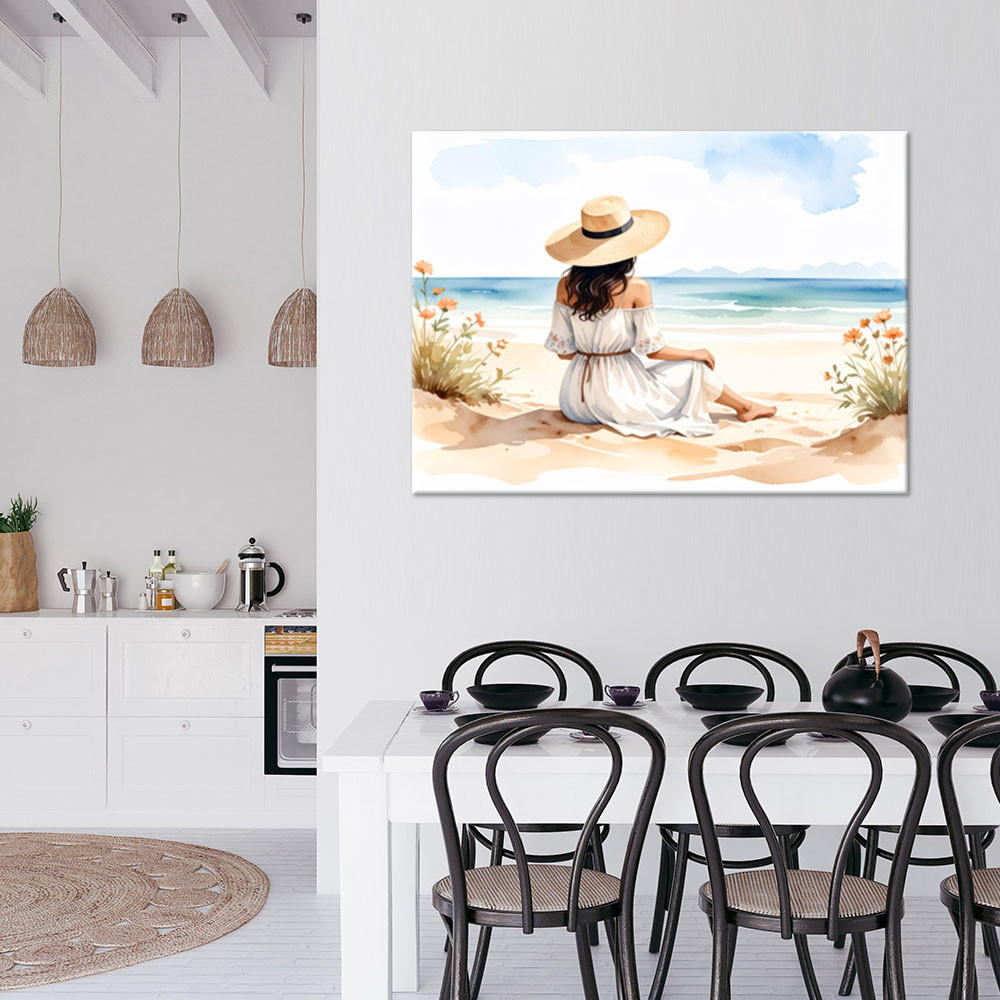 LEINWANDBILD Frau mit Hut am Strand 120x80cm - Beige, Textil (120/80cm) - Feeby