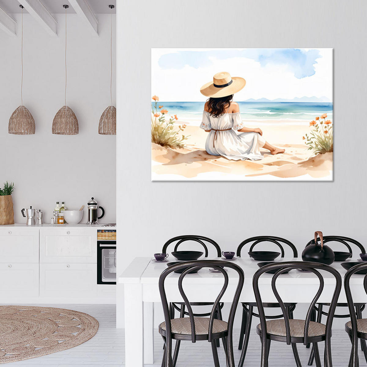 LEINWANDBILD Frau mit Hut am Strand 120x80cm - Beige, Textil (120/80cm) - Feeby