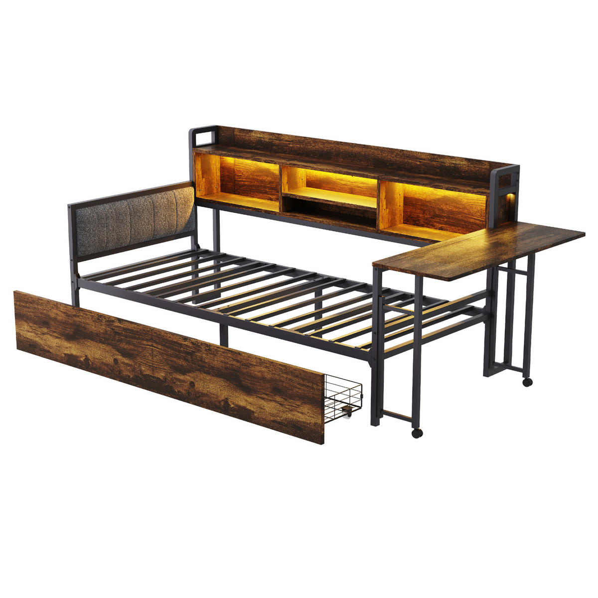EINZELBETT 90/200 cm mit LED, Steckdose, Klappschreibtisch und 2 Schubladen, Metall, Weiß/ farbe - Naturfarben, Metall (90/200cm) - Redom