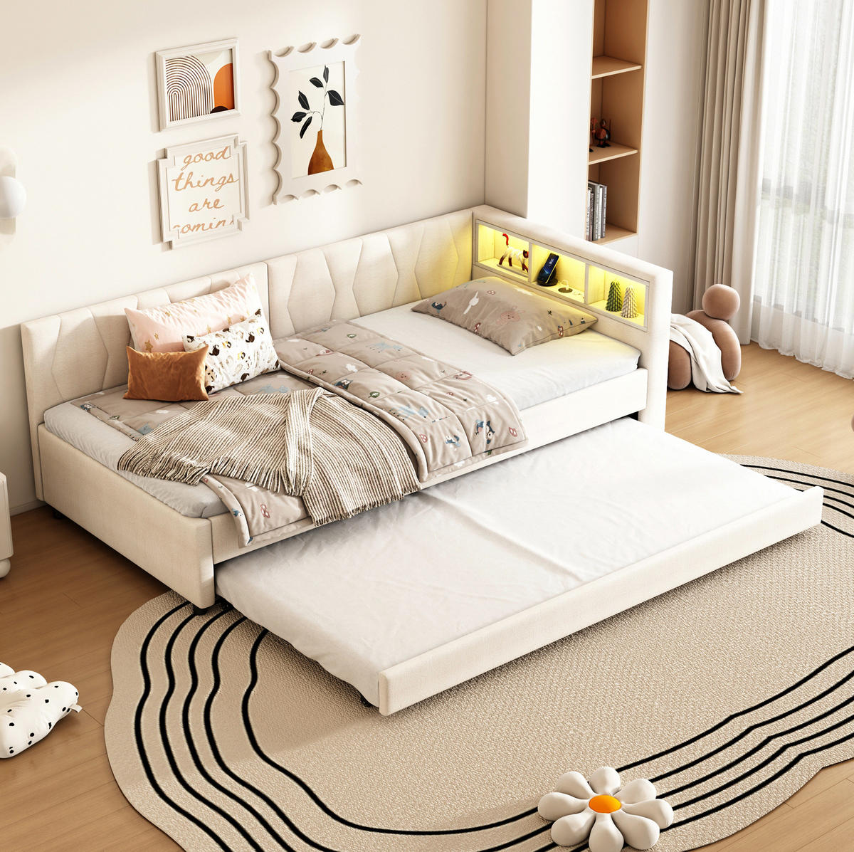 POLSTERBETT 90/200 cm Beige mit LED-Beleuchtung und USB- und Type-C-Anschlüssen - Beige, Textil (90/200cm) - Flora Grace