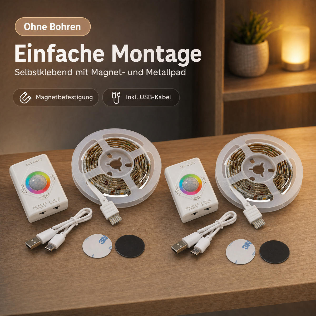 LED-STREIFEN mit Bewegungsmelder - Aufladbar und dimmbar für Innenbereich, 2er-Set - Weiß, Kunststoff (2cm) - Northpoint