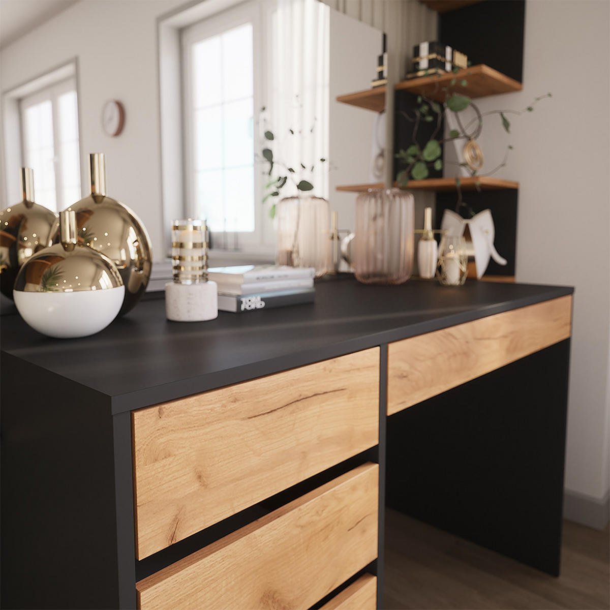 SCHMINKTISCH Sherry Anthrazit/Goldkraft Eiche 120 x 75 cm mit Spiegel - Anthrazit/Eiche Wotan, Holzwerkstoff (120/75/55cm) - Vicco