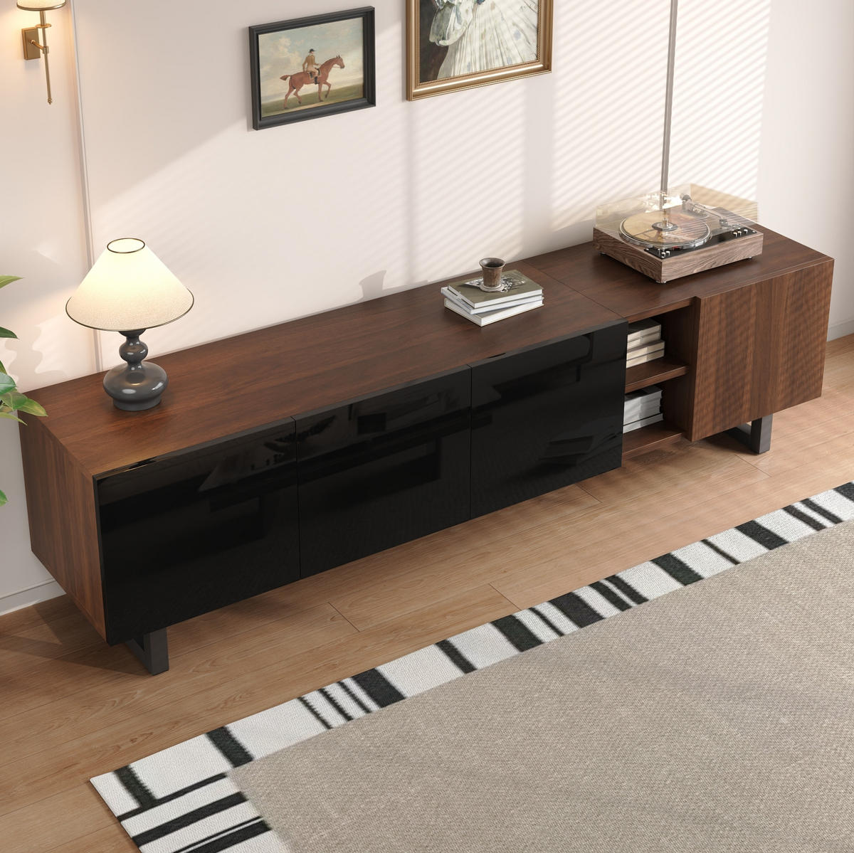TV-LOWBOARD 180/38/50 cm in Schwarz/Natur mit Hochglanzfronten und 4 Türen - Hellbraun, Holzwerkstoff (180/50/38cm) - Flora Grace