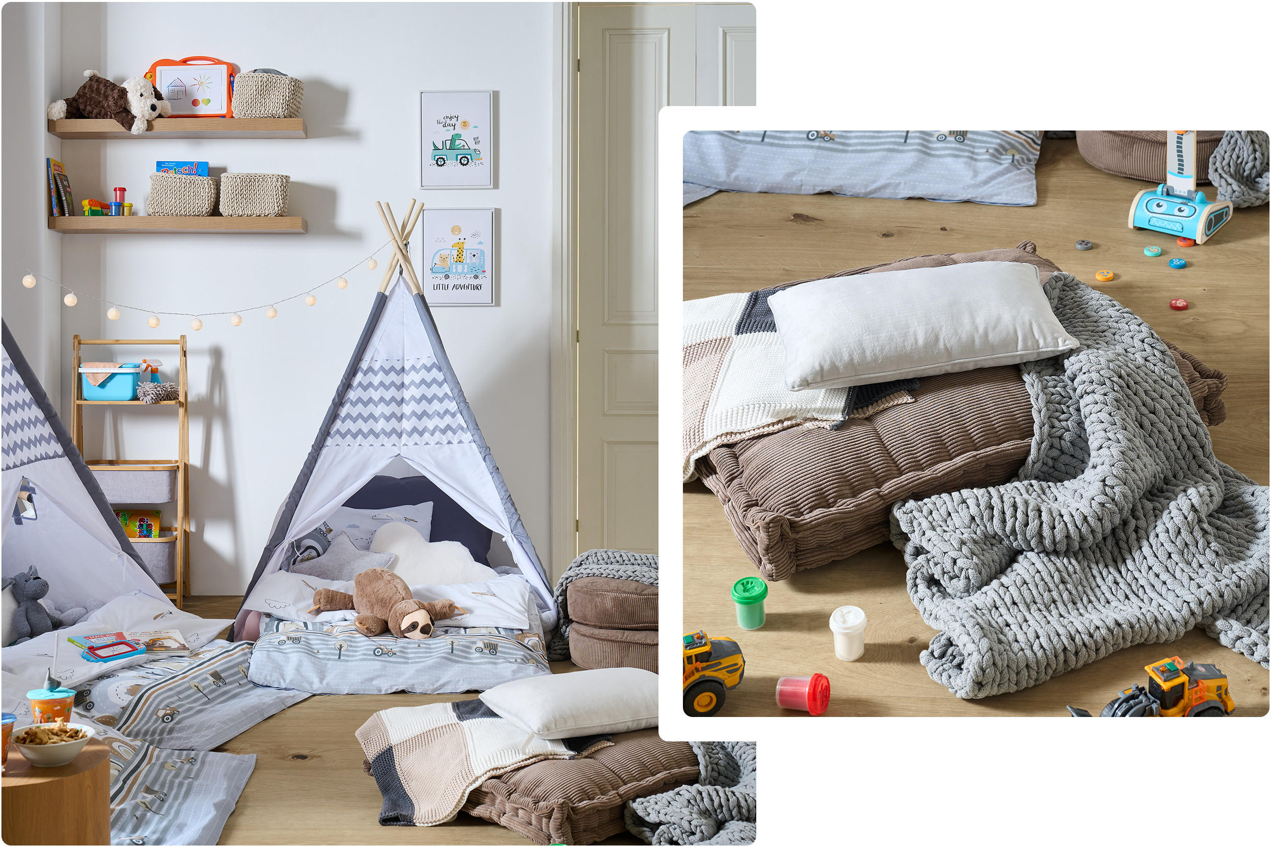 Kinderzelt mit Kissen, Decke und Kuscheltier in einem hellen Raum mit Spielzeug und Regalen.