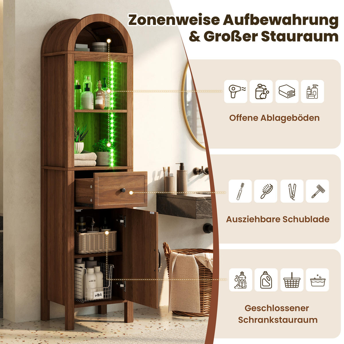 HOCHSCHRANK 40/30/163 cm Walnussholzfarbe mit 1 Schubladen und LED - Walnussfarben, Holz/Holzwerkstoff (30/163/40cm) - Oxeza