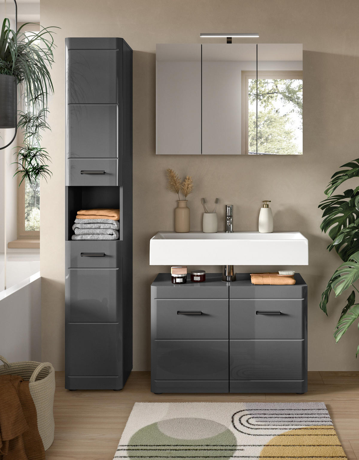 HOCHSCHRANK grau Hochglanz 30 x 180 cm, Badschrank mit Soft-Close - Schwarz/Grau, Holzwerkstoff/Kunststoff (30/180/30cm) - Inn.Furn