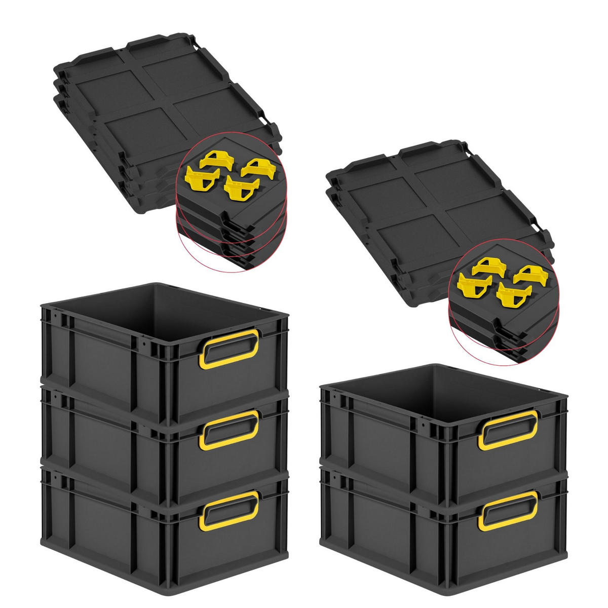 EUROBOX 5x NextGen Color mit Auflagedeckel 17x30x40 cm 16 Liter Schwarz Griffe gelb zu - Gelb/Schwarz, Kunststoff (30/17/40cm) - PROREGAL