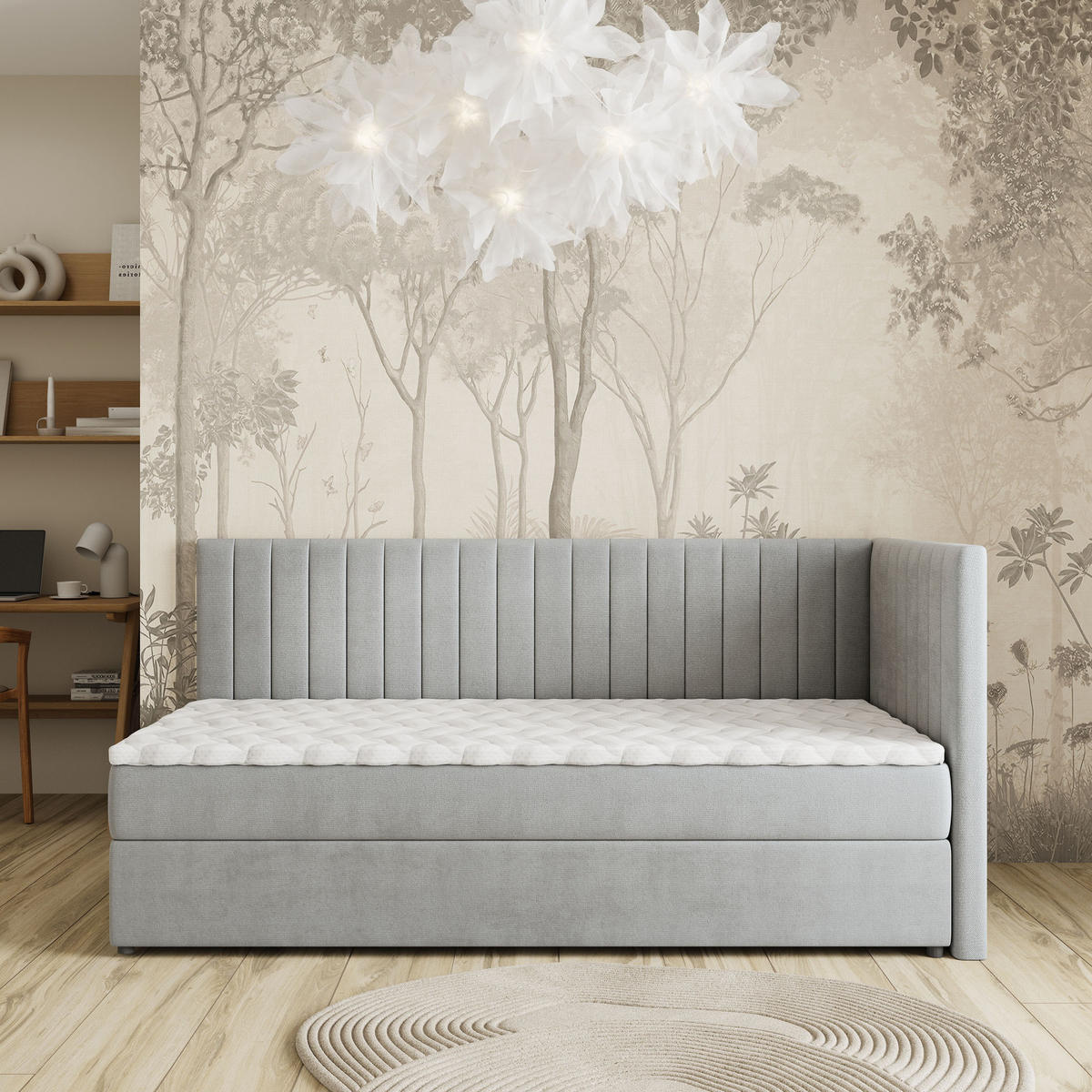 BOXBETT ARIS 80x200 cm mit Matratze und Topper, H2+H3 - Hellgrau - Hellgrau, Holz (80/200cm) - MASSENO