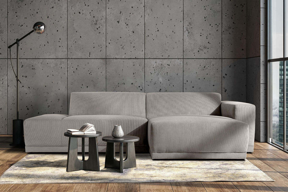 ECKSOFA-RECHTS MUDI in moderner Optik mit hochwertigem Kaltschaum, Cord-Stoff, hellgrau - Hellgrau/Schwarz, Textil (280/160cm) - KONSIMO®
