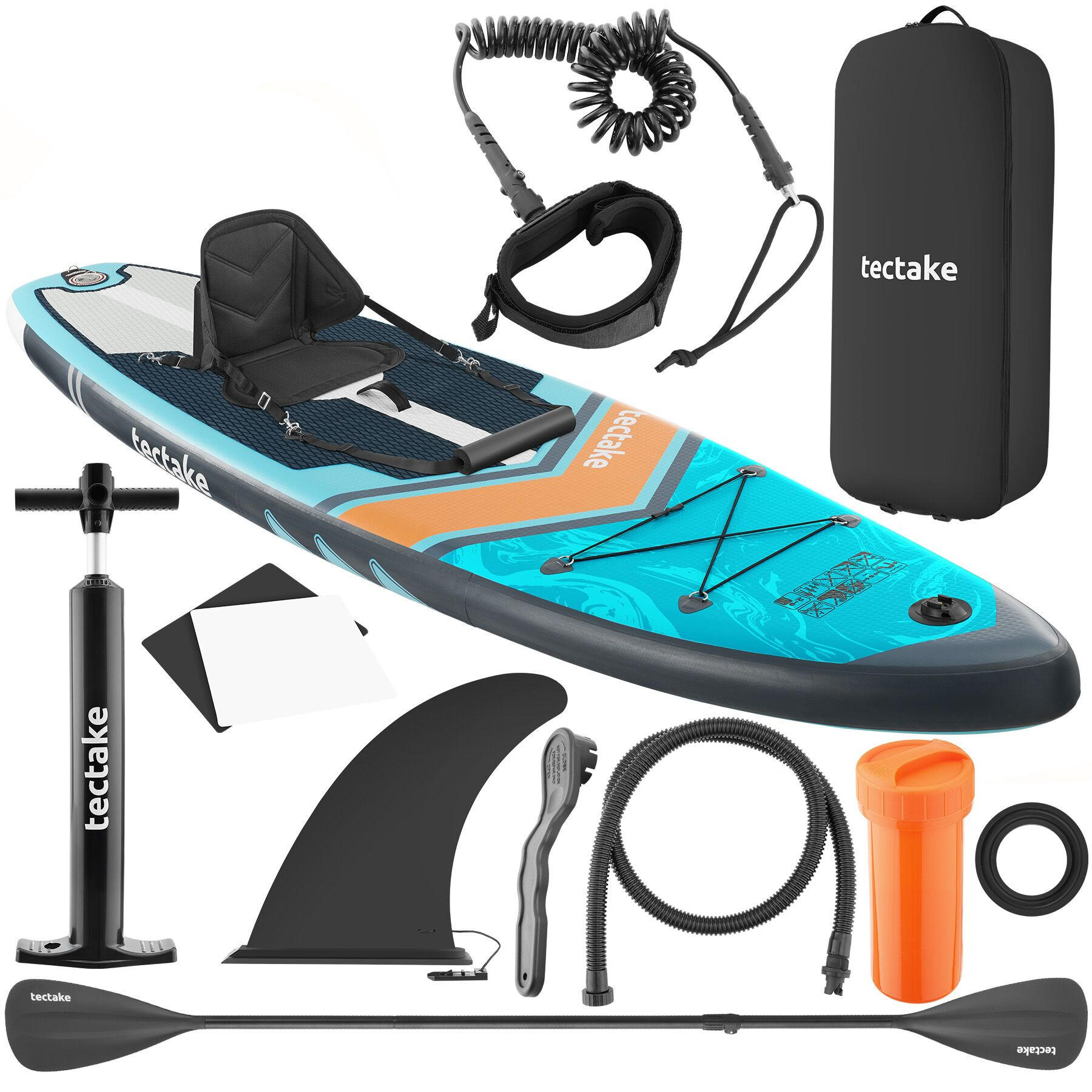 STAND-UP PADDLE BOARD Palagios, Belastbarkeit 200 kg, inklusive Kajak-Sitz, türkis/orange - Türkis, Kunststoff (320/84/0.4cm) - tectake