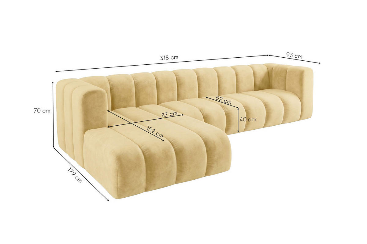ECKSOFA Modulares In L-Form, Velvet-Stoff Riviera, Buttergelb, Links, GRAND 318 cm - Hellgelb, Holz (318/179cm) - Kaiser Möbel