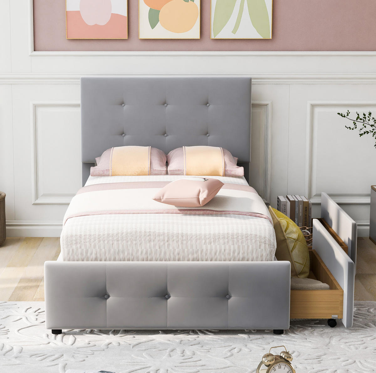 BETT mit Schublade und Lattenrost 90x200 cm Samt Grau - Grau, Holzwerkstoff (90/200cm) - Beauniv
