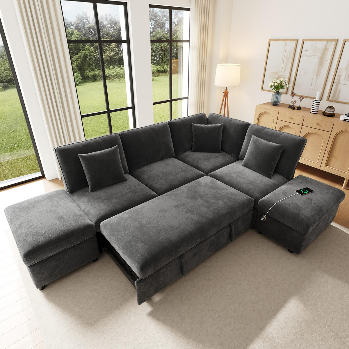 ECKSOFA mit Schlaffunktion Stauraumhocker USB/Type-C Chenille Grau - Grau, Textil (247.5/172cm) - EVRYAE