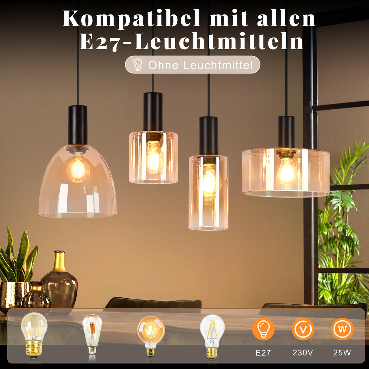 PENDELLEUCHTE Dravyn 78/25/180 cm - Bernsteinfarben/Schwarz, Glas/Metall (78/25/180cm) - ZMH