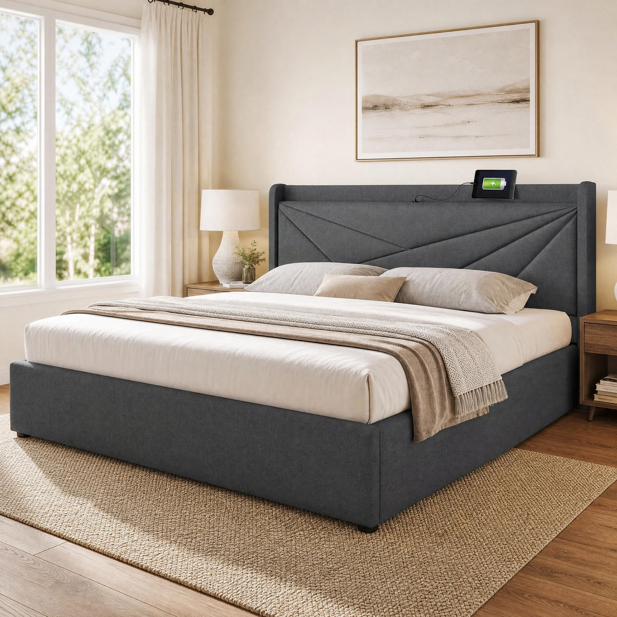 POLSTERBETT 180/200 mit Bettkasten und USB Type-C in Leinen - Beige, Holzwerkstoff/Textil (180/200cm) - EVRYAE