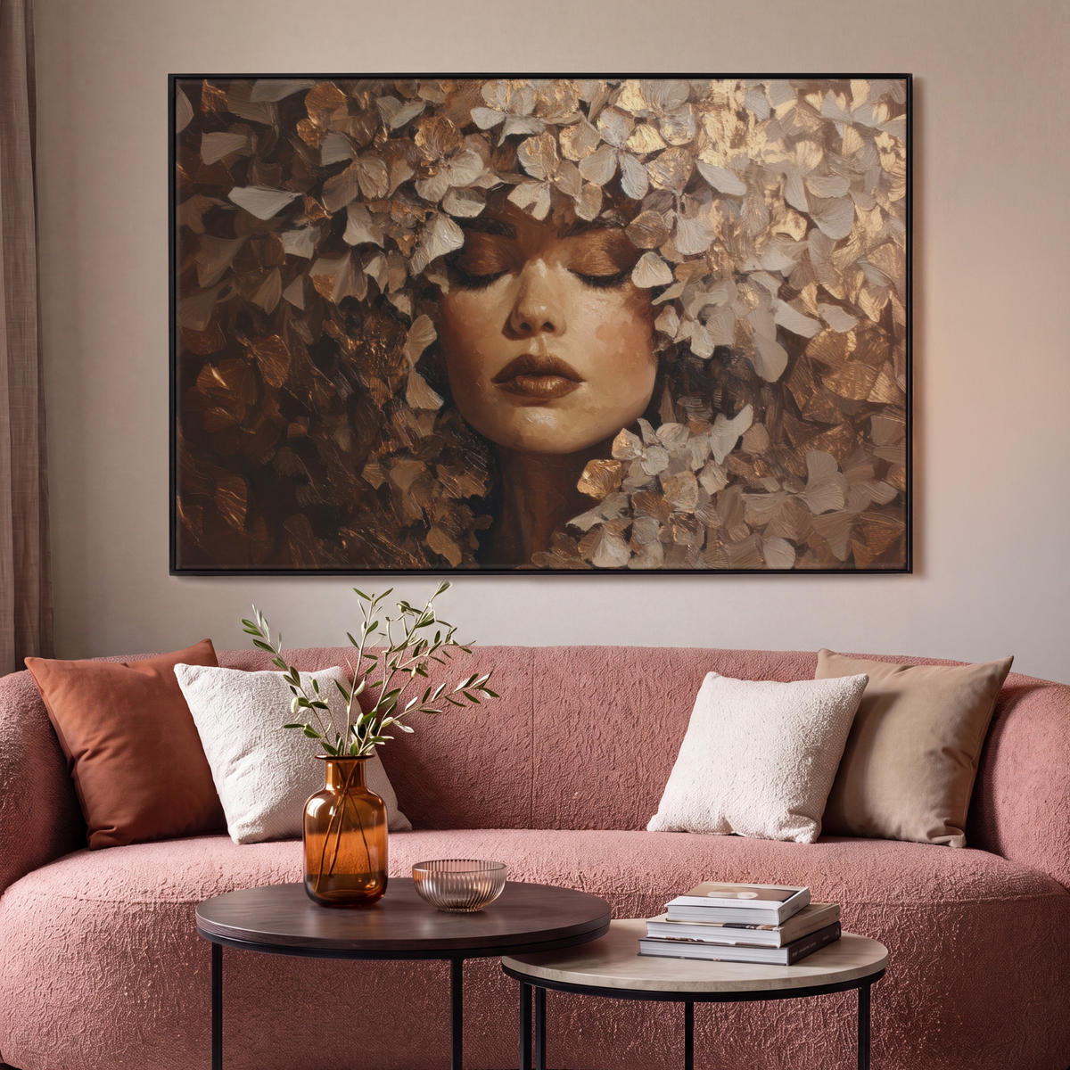 LEINWAND Bilder mit Rahmen - Gesicht - Dame - Blätter - Pinselstriche - 150x100 - Goldfarben, Textil (150/100cm) - MuchoWow