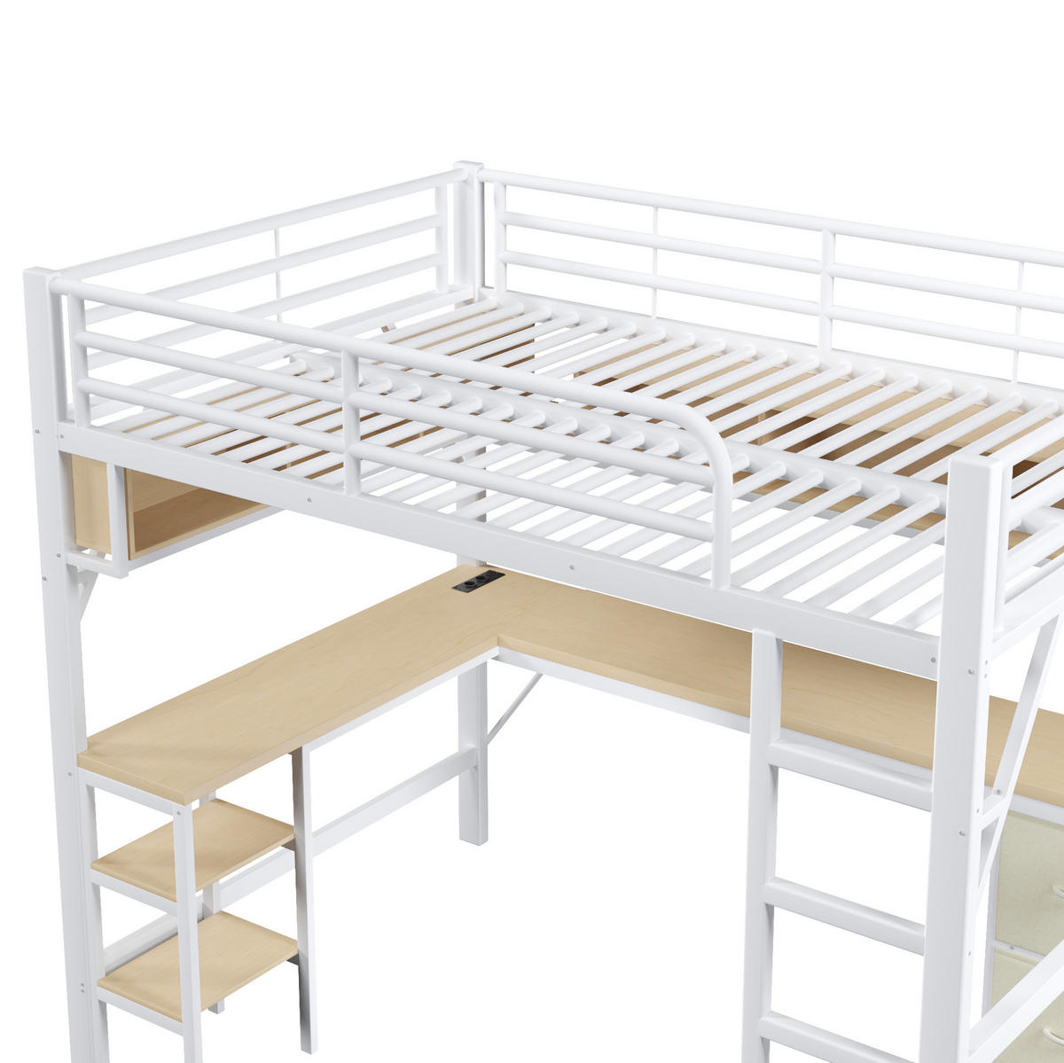 HOCHBETT 140/200 cm in Weiß mit Schreibtisch, Regalen und LED-Beleuchtung - Weiß, Holzwerkstoff (140/200cm) - Flora Grace