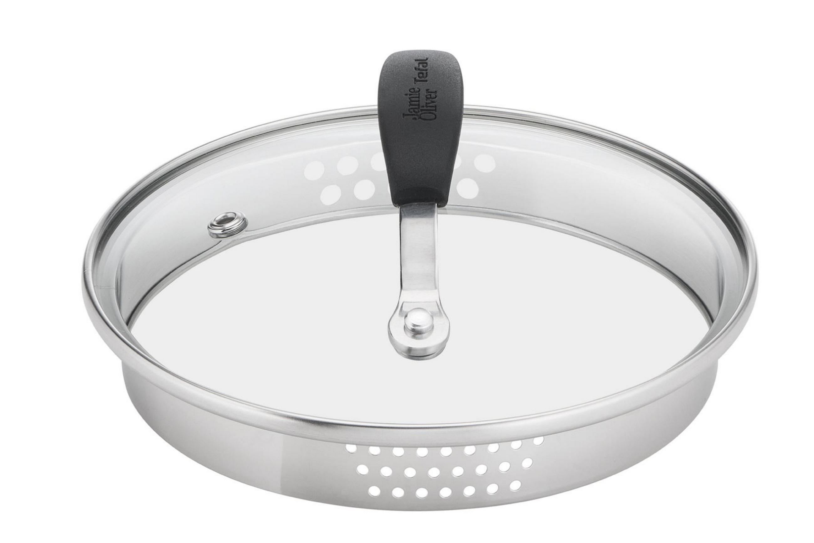 Runt glaslock med rostfri stålram och integrerat avhällningssystem, utrustat med ett svart handtag med texten &apos;Jamie Oliver Tefal&apos;