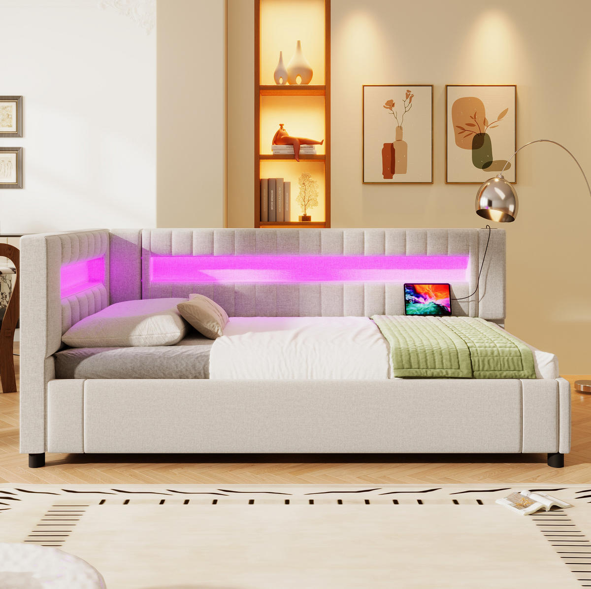 POLSTERBETT 90/200 cm in Beige mit LED-Beleuchtung, Stauraum und USB- und Type-C-Anschlüssen - Beige, Textil (90/200cm) - Flora Grace