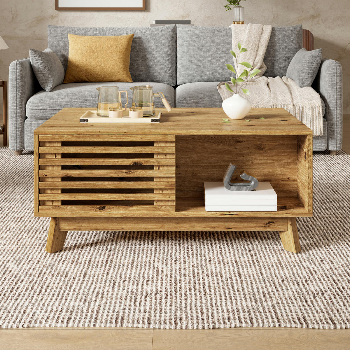COUCHTISCH höhenverstellbar mit Jalousietür und MDF-Korpus - Naturfarben, Holzwerkstoff (55/90/57.5cm) - FLIEKS