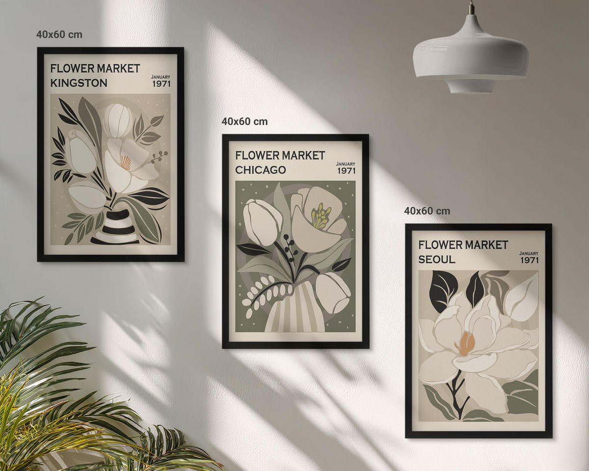 WANDBILDER 3er-Set - 40x60 cm Schwarzer Rahmen - Blumen Kingston Seoul Chicago Retro - Schwarz, Kunststoff (40/60cm) - ArtPrintCave