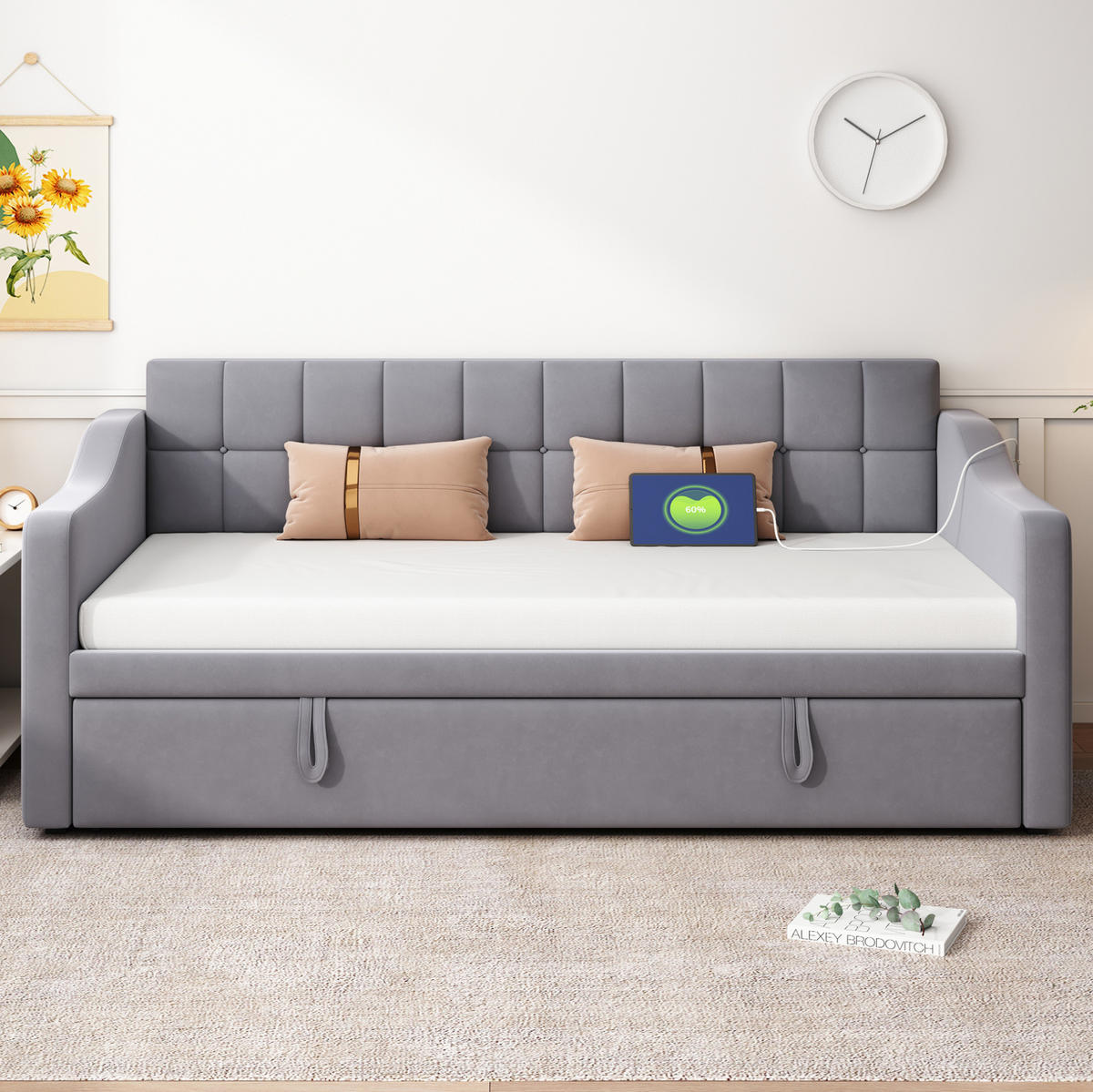 POLSTERBETT 90/190 cm Grau Samtstoff mit Steckdosen und Stauraum - Grau, Textil (90/190cm) - OKWISH