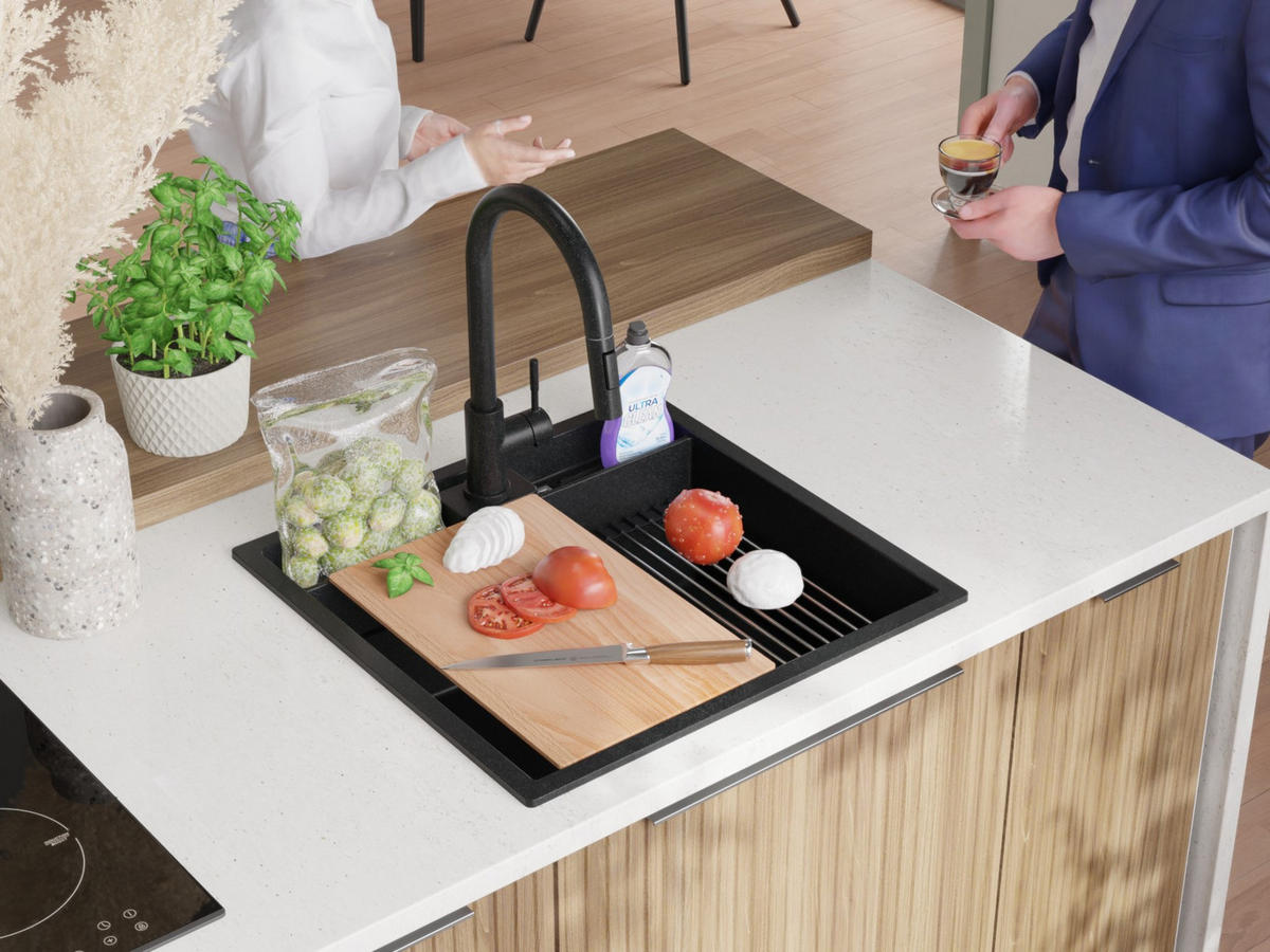 SPÜLBECKEN Bergen Pocket, 2-er set Anthrazit 56/54 cm 1 Becken + Ablauf-Set + Küchenzubehörset ab 60er Unterschrank - Chromfarben/Anthrazit, Kunststoff (56/20/54cm) - Primagran