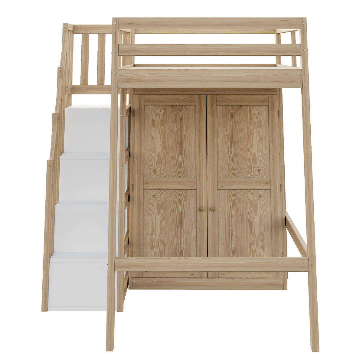 HOCHBETT 90/200 cm in Naturholz – mit Kleiderschrank, Stauraumtreppe und Rausfallschutz - Naturfarben, Holzwerkstoff (90/200cm) - BEAOK