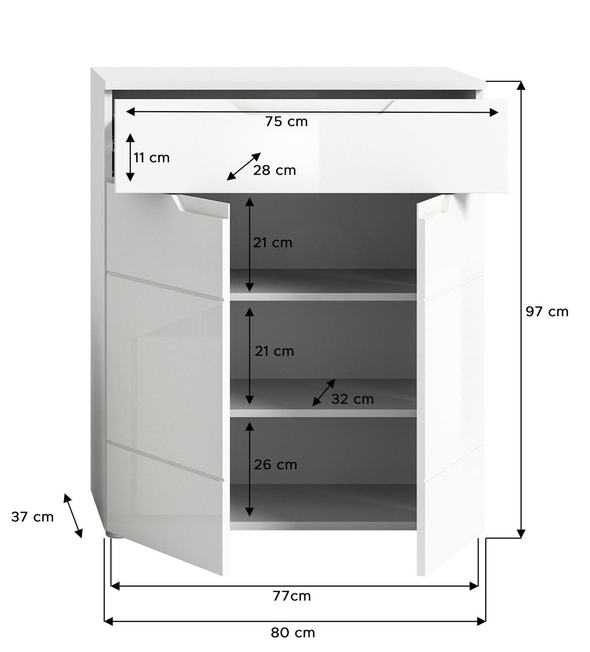 SCHUHKOMMODE SOLERO (B/H/T: ca. 80/97/37 cm) in Weiß/weiß hochglanz - Weiß, Holzwerkstoff (80/97/37cm)