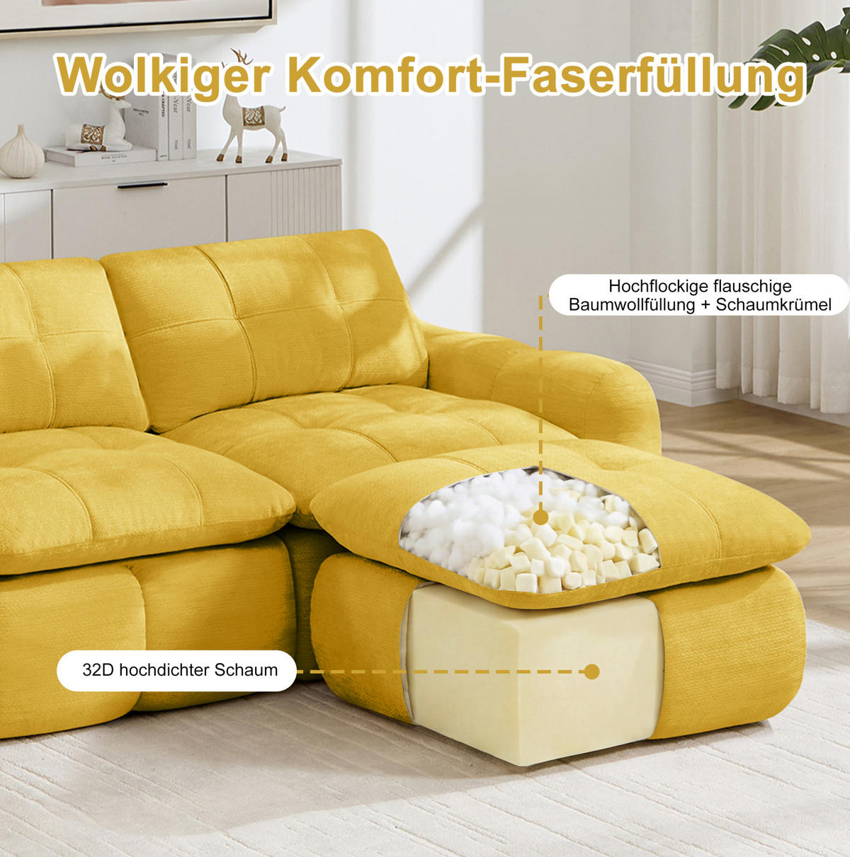 WOHNLANDSCHAFT 264/160/68 cm in Gelb aus Chenille, rahmenlos und montagefrei - Gelb, Textil (160/68/264cm) - Flora Grace