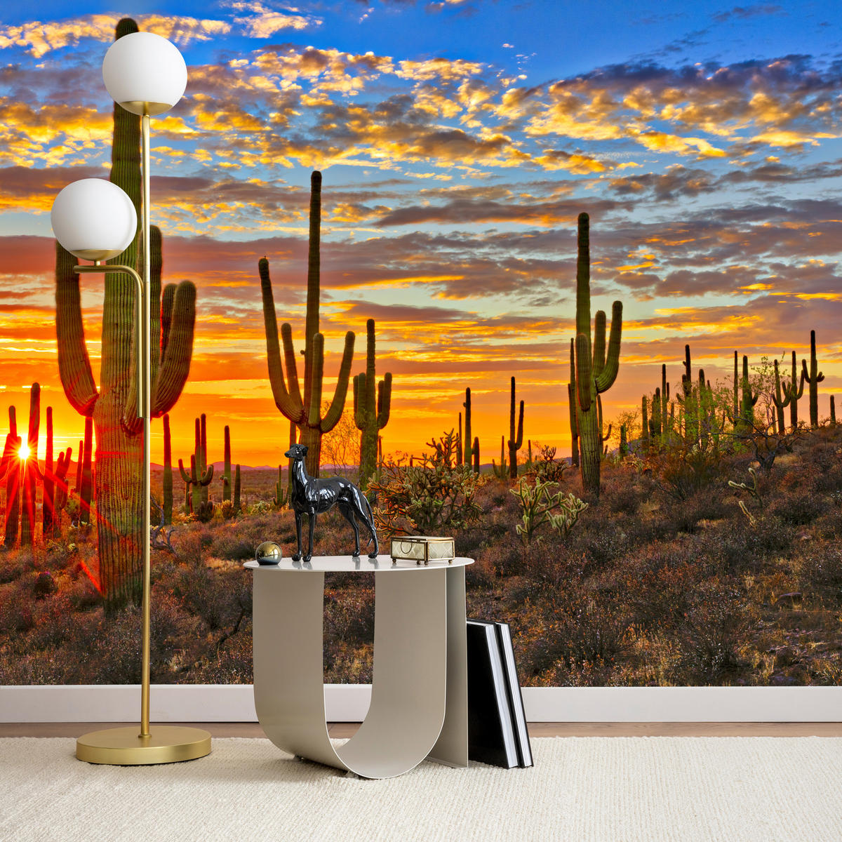 FOTOTAPETE für Wohnzimmer Wüsten Sonnenuntergang Kaktus Pflanzen 250x175 - Gelb/Beige, Papier (250/175cm) - Muralo