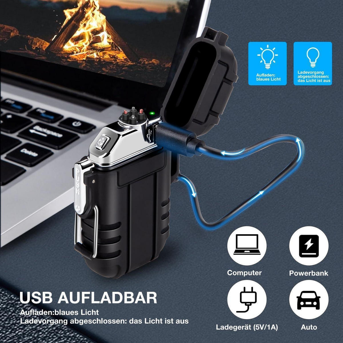 FEUERZEUG Elektrisch Wasserdicht Winddicht USB Wiederaufladbar Plasma mit Notfall-Pfeife Schwarz - Schwarz, Metall (4.7/1.8/7cm)