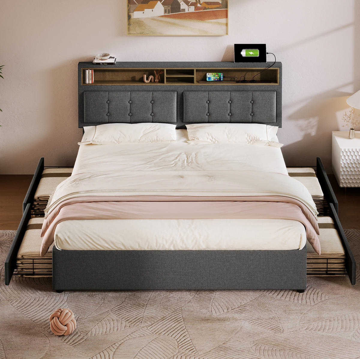 BETT mit 4 Schubladen & USB-C 140x200 cm Leinen Grau - Grau, Metall (140/200cm) - Meubliv