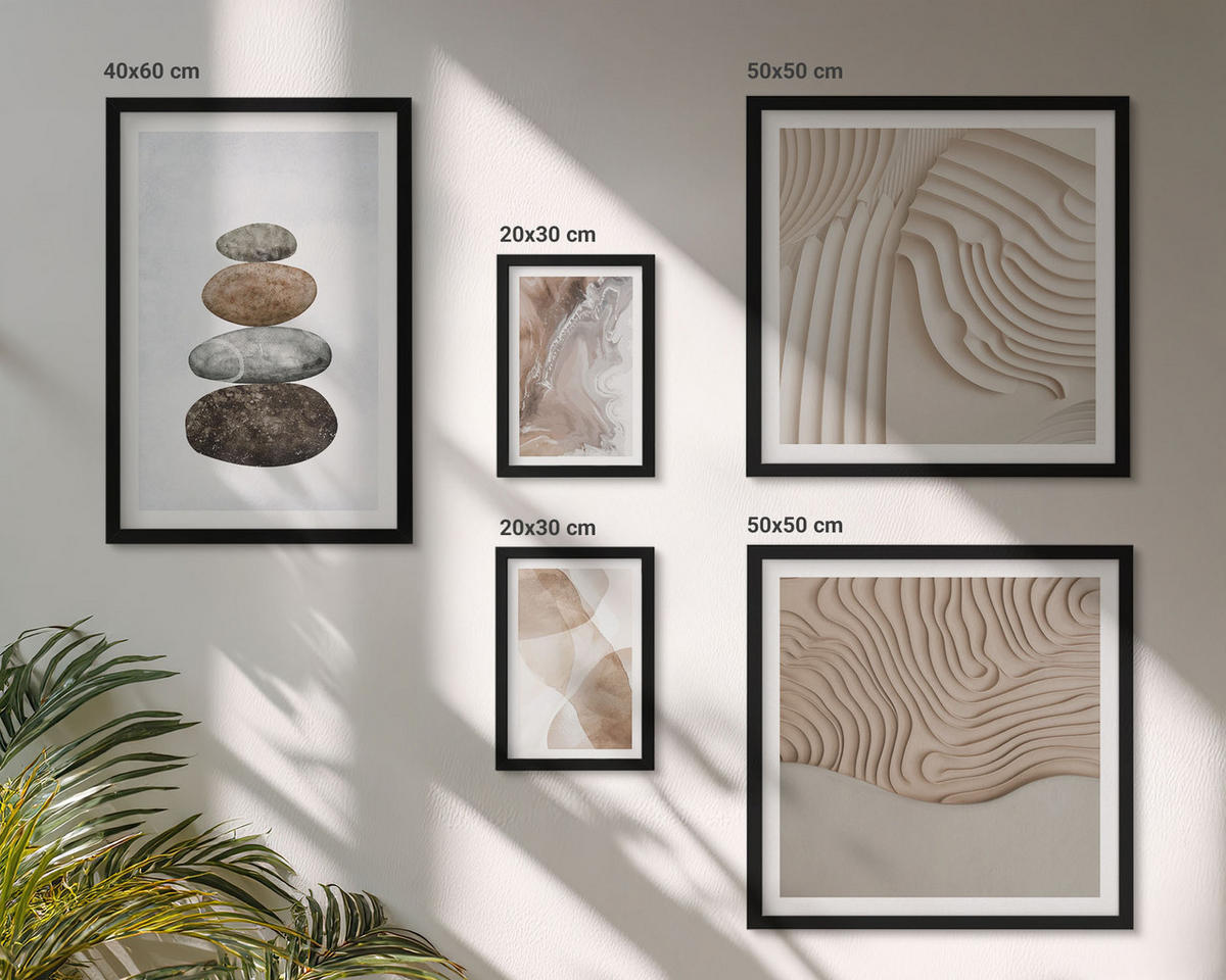 BILDER SET 5er Set - 50x50 cm & 20x30 cm & 40x60 cm Schwarzer Rahmen - Abstrakte bemalte Strukturen - Schwarz, Kunststoff (40/60cm) - TULUP