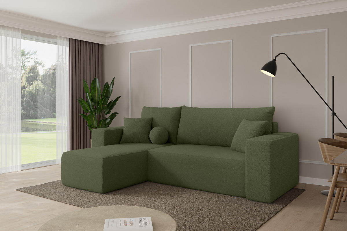 ROHOVÁ SEDAČKA s funkcí spaní, otoman vlevo SENO-L 249x139x85 zelená bouclé - černá/zelená barva, kompozitní dřevo/textil (249/139cm) - ALTDECOR