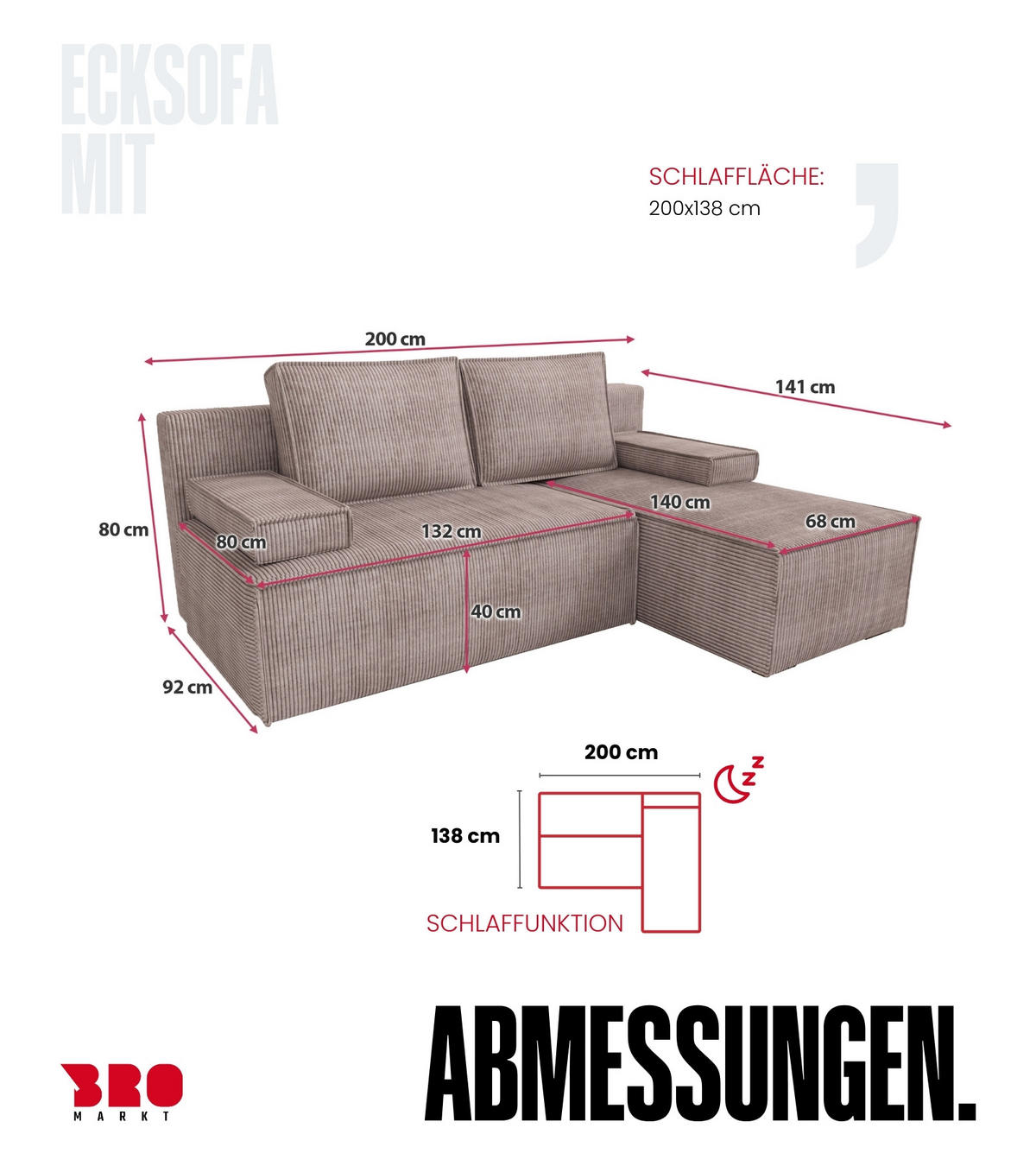 ECKSOFA Caspar mit Schlaffunktion Puderrosa Cord - Rosa, Textil (200/141cm) - Bromarkt
