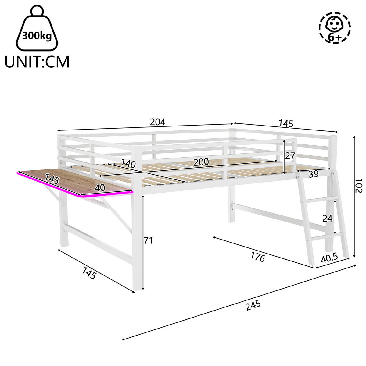 HOCHBETT 140/200 cm mit Leiter, Schutzgeländer, klappbarem Schreibtisch und LED-Beleuchtung, Metall, Weiß - Weiß, Metall (140/200cm) - Redom