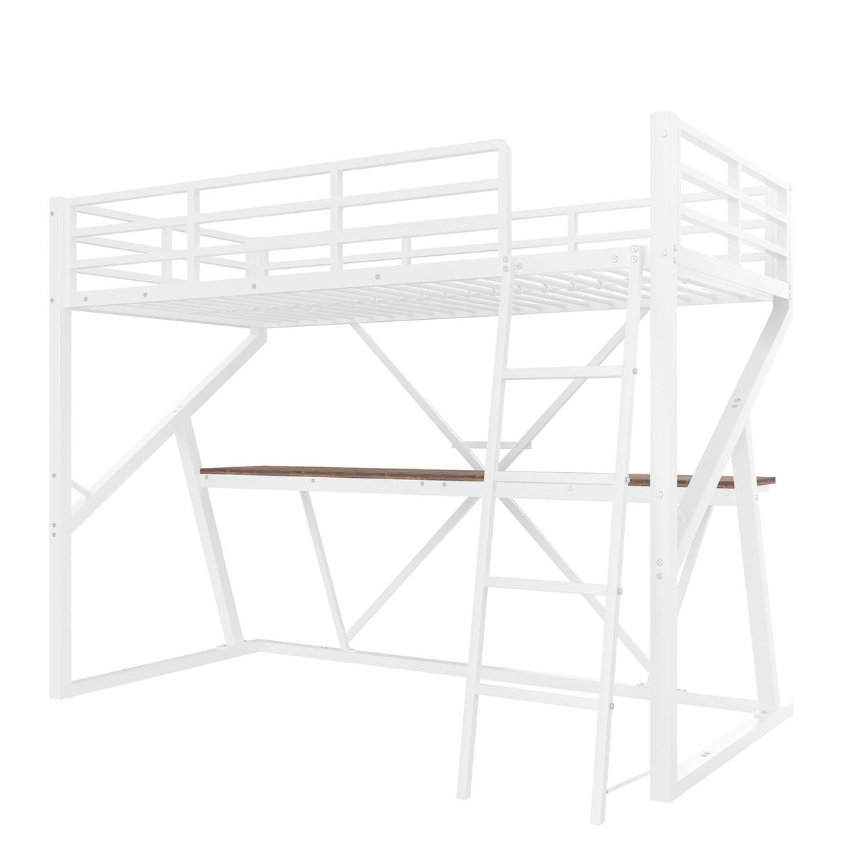 HOCHBETT mit Schreibtisch 90/200 cm in Weiß – mit LED-Leiste, Leiter und Rausfallschutz - Weiß, Metall (90/200cm) - BEAOK