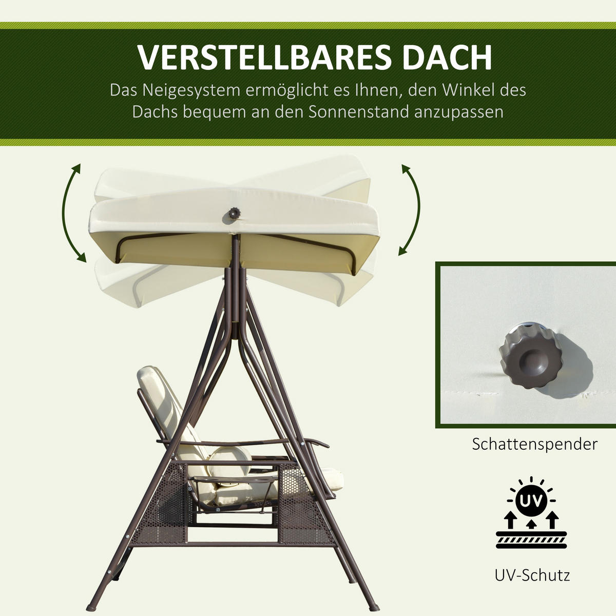 HOLLYWOODSCHAUKEL 2-SITZER DE-07016 wetterbeständig, 2 Ablagen Weiß/Schwarz - Beige, Metall (162/173/118cm) - ComfortXL