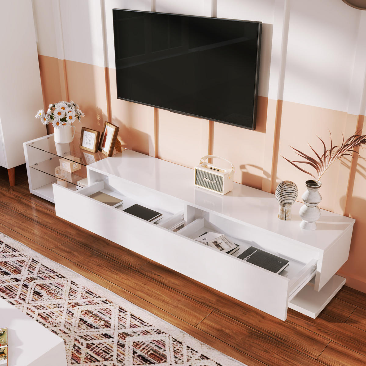 TV-SCHRANK 170/36/38 cm hochglänzend Weiß mit variablem LED-Beleuchtung und 2 Schubladen - Weiß, Holzwerkstoff (170/38/36cm) - OKWISH