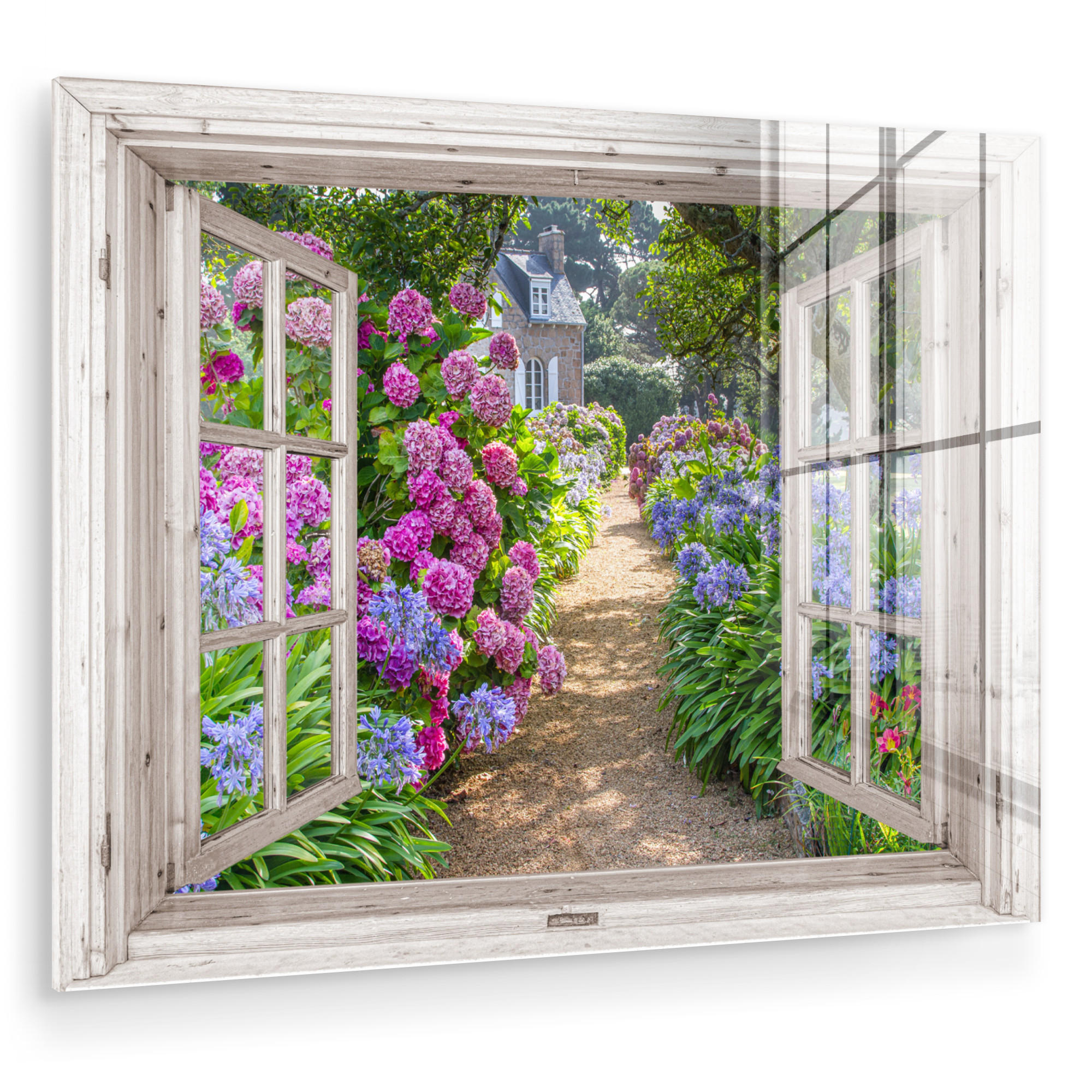 ACRYLGLASBILD Hortensie - Durchsichtig - Blumen - Sommer - Lila - Weg 80x60 cm - Lila, Glas (80/60cm) - MuchoWow
